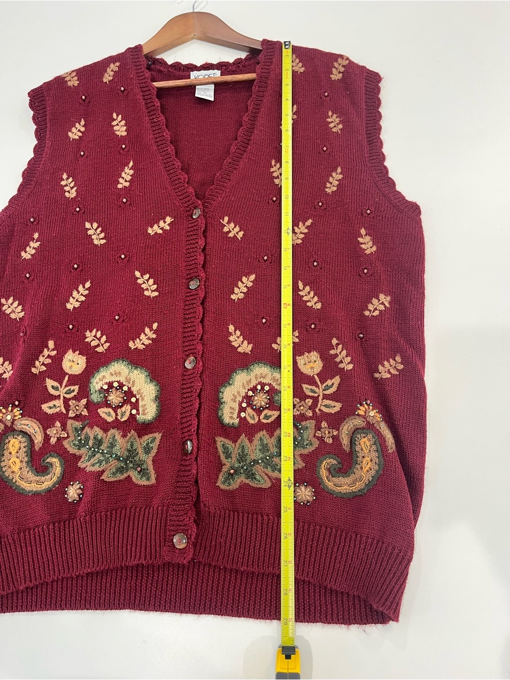 KORET Vintage Burgundy Embroidered Knit Floral Paisley Vest w/ Scalloped Edges - Picture 7 of 7